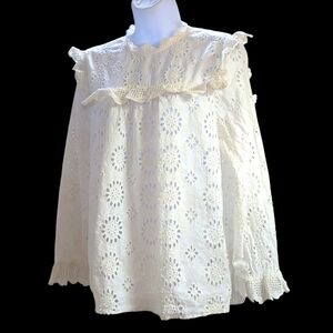 Zara Cream Eyelet Lace Ruffle Long-Sleeve Blouse
